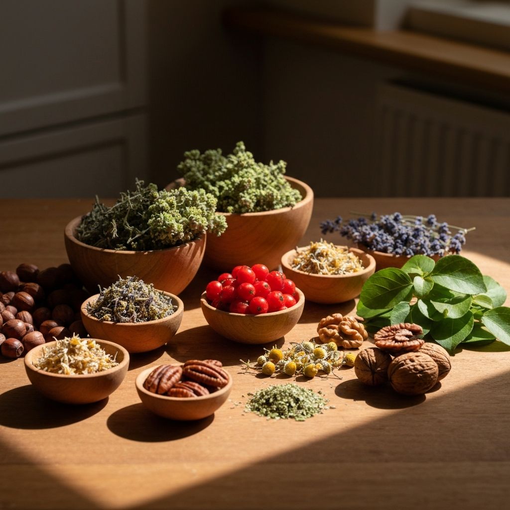 Natural ingredients like herbs, fruits, and botanicals arranged on a wooden surface