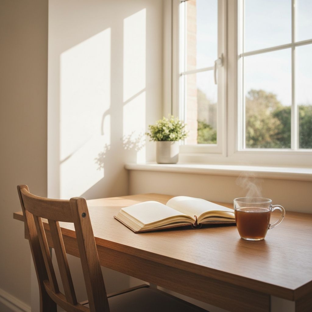 Morning light in a calm home workspace with tea and natural daylight